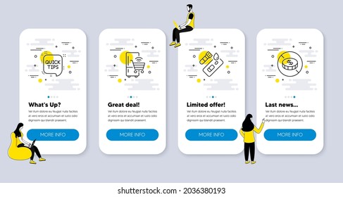 Vector Set Of Line Icons Related To Covid Test, Refrigerator And Quick Tips Icons. UI Phone App Screens With People. No Cash Line Symbols. Blood Testing, Fridge Shopping, Helpful Tricks. Vector