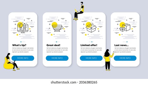 Vector Set of line icons related to Creative design, Cappuccino and Open box icons. UI phone app screens with people. Packing boxes line symbols. Designer, Coffee cup, Delivery package. Vector