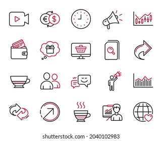 Vector Set of line icons related to Web shop, Money diagram and Share icons. Presentation, Direction and International love signs. Refresh, Cafe creme and Search files. Bombon coffee. Vector