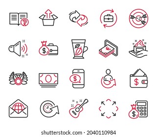 Vector Set of line icons related to Human resources, Loud sound and Refresh icons. Maximize, Update time and Help signs. Send box, Targeting and Share. Cash money, Skin care and Salary. Vector