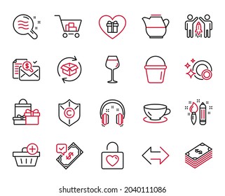 Vector Set of line icons related to Shopping, Accepted payment and Accounting report icons. Skin condition, Milk jug and Bucket signs. Espresso, Add purchase and Copyright protection. Sync. Vector