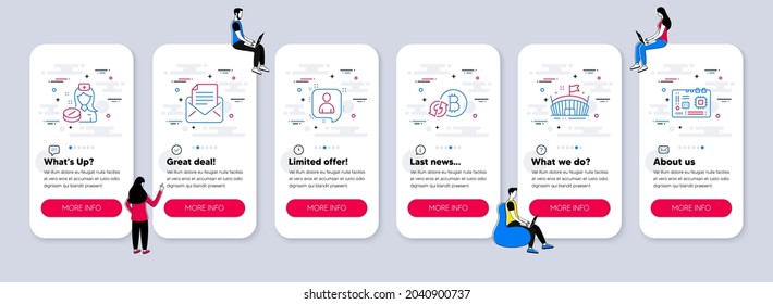 Vector Juego de iconos de línea relacionados con el chat de los desarrolladores, Refrescar bitcoin e iconos de la Arena. pantallas de aplicación de teléfono de interfaz de usuario con trabajo en equipo. Correspondencia de correo, Enfermero y símbolos de línea de la tarjeta madre. Vector