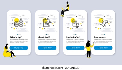 Vektorset von Zeilensymbols, die sich auf Megaphone-Checkliste, Währungssymbole und Zertifikatssymbole beziehen. UI-Telefon-App-Bildschirme mit Menschen. Symbole für Zahlungstransaktionen. Markenscheck, Euro und USD, Diploma. Vektorgrafik