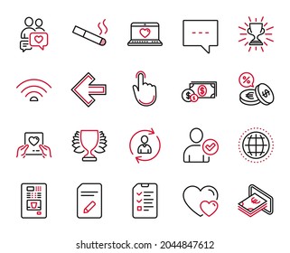 Vector Set of line icons related to Trophy, Blog and Interview icons. Hand click, Love mail and Hearts signs. Currency exchange, Winner and Globe. Dating chat, Cash and Identity confirmed. Vector