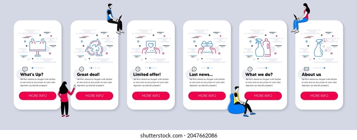 Vector Set of line icons related to Shampoo and spray, Road banner and Recycle icons. UI phone app screens with teamwork. Love mail, Give present and Cleaning spray line symbols. Vector