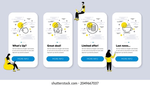 Vector Set of line icons related to Swipe up, No cash and Family insurance icons. UI phone app screens with people. Coffee cup line symbols. Touch down, Tax free, Risk coverage. Hot drink. Vector