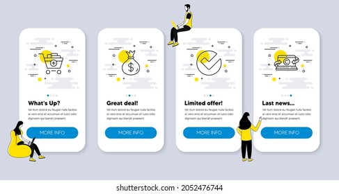 Vector Set of line icons related to Money bag, Verify and Add products icons. UI phone app screens with people. Copywriting notebook line symbols. Usd currency, Selected choice, Shopping cart. Vector