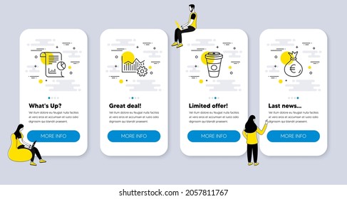 Vector Set of line icons related to Report, Operational excellence and Takeaway coffee icons. UI phone app screens with people. Money bag line symbols. Vector