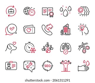 Vector Set of line icons related to Identification card, Spanner and Employees teamwork icons. Dumbbells workout, Rainy weather and Buildings signs. Idea, Rubber gloves and Pets care. Seo. Vector