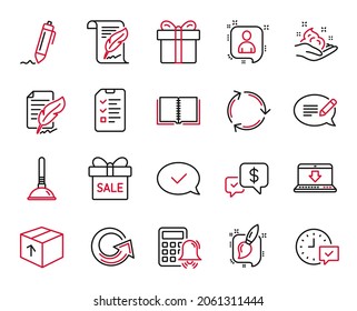 Vektorset von Line-Icons im Zusammenhang mit dem Verkaufsangebot, Internet-Download und Hautpflegesymbole. Plunger, Book and Developers Chat-Zeichen. Bezahlung erhalten, Nachricht und Interview. Recycling. Vektorgrafik
