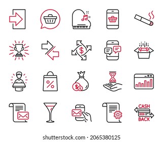 Vektorset von Zeilensymbols, die mit dem Zahlungsaustausch, Telefonnachrichten und Paketiefeldern in Zusammenhang stehen. Piano, Markenbotschafter und Rauchzeichen. Technische Dokumentation, Trophäe und Login. Bargeld. Vektorgrafik