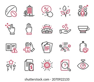 Vector Set of line icons related to Payment, Americano and Search document icons. Documents, Stars and Skyscraper buildings signs. Puzzle, Business statistics and Eye laser. Soy nut. Vector