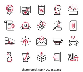 Conjunto vectorial de iconos de línea relacionados con Jazz, retroalimentación positiva e iconos de la caja de envío. Señales de Cappuccino, Atm e Innovación. Estrategia de marketing, spray y correo aprobado. Mensaje, humedad de la piel. Vector