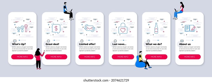 Juego de vectores de iconos de línea relacionados con el casillero de boda, botella de cerveza e iconos de mensajes de pago. pantallas de aplicación de teléfono de interfaz de usuario con trabajo en equipo. Refrescar el correo, la satisfacción del cliente y los símbolos de línea de comentarios. Vector