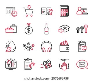 Vektorset von Zeilensymbonen in Bezug auf Debit-Karte, Engineering-Dokumentation und Kopfhörer-Symbole. Rechner-, Checkliste- und Creative Design-Zeichen. Wassertropfen, Megaphone Checkliste und Messenger. Vektorgrafik