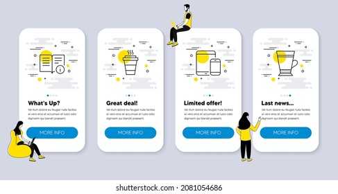Vector Set de iconos de línea relacionados con la información técnica, la eliminación y los iconos de los dispositivos móviles. pantallas de aplicación de la interfaz de usuario con personas. Símbolos de línea de cierre. Vector