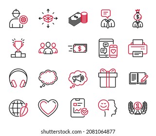 Vector Set de iconos de línea relacionados con los iconos Corazón, Gestor y Buen humor. Carteles de mensajes de grupo, comentarios y cómic. Lista de comprobación de informes, caja de regalo y ahorros. Podio ganador, transferencia de dinero. Vector