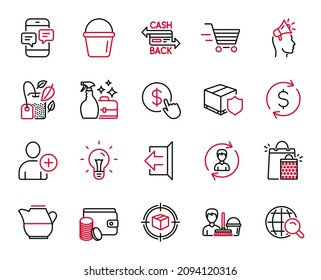 Vector Set of line icons related to Delivery shopping, Phone messages and Buy currency icons. Dollar exchange, Internet search and Mint bag signs. Human resources, Idea and Cashback card. Vector