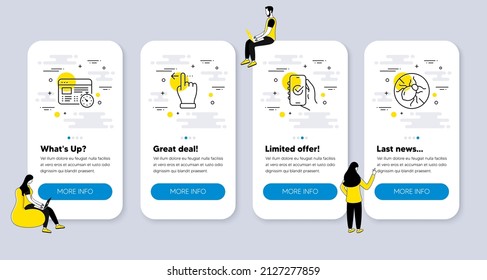 Juego de vectores de iconos de línea relacionados con la aplicación aprobada, el gesto de pantalla táctil y los iconos del temporizador web. pantallas de aplicación de la interfaz de usuario con personas. Símbolos de la línea de los bichos de cama. Confirmar smartphone, diapositiva izquierda, prueba en línea. Vector