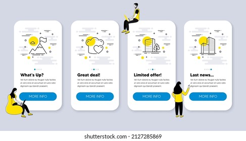 Vector Set of line icons related to Mountain flag, Love cooking and Buildings icons. UI phone app screens with people. Skyscraper buildings line symbols. Vector
