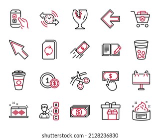 Vector Set of line icons related to Fragile package, Usd coins and Mouse cursor icons. Mobile survey, Delivery boxes and Payment signs. Opinion, Payment click and Left arrow. Scissors. Vector