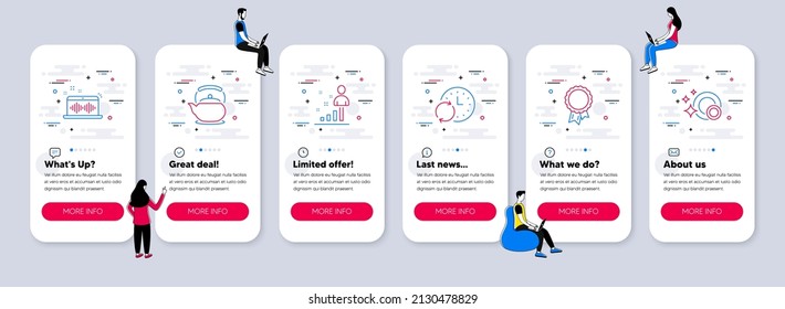 Vector Set of line icons related to Stats, Update time and Music making icons. UI phone app screens with teamwork. Teapot, Success and Clean dishes line symbols. Vector