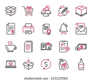 Vector Juego de íconos de línea relacionados con el dinero del dólar, educación del sitio web e iconos de documentación de ingeniería. Palabras clave, cupones y signos de certificado. Cambio de dólares, caja abierta y café. Vector