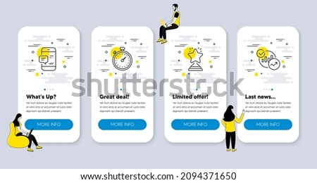 Vector Set of line icons related to Winner, Timer and Smartphone notification icons. UI phone app screens with people. Statistics line symbols. Best star, Stopwatch gadget, Chat message. Vector
