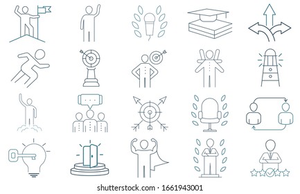 Vector Set of Line Icons Representing Coaching, Career Growth, and Personal Development for Self-Realization