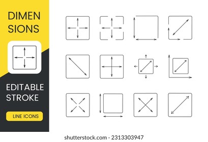 Vector set of line icons representing dimensional sizes. Editable stroke.