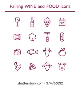 Vector Set Of Line Icons For Wine And Food Pairing Or Matching, Such As Cheese, Fish,  Fruits, Bottle, Glass, Grapes, Temperature, Calendar. Modern Outlined Style