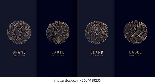 Vector set of line leaves circle logos, floral round luxury design, abstract spa floral emblems. Beauty monogram graphic