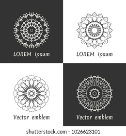 Vector set of line logo design templates. Black and white geometric mandala ornaments in trendy linear style for luxury products, organic cosmetics packaging