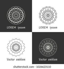 Vector set of line logo design templates. Black and white geometric mandala ornaments in trendy linear style for luxury products, organic cosmetics packaging