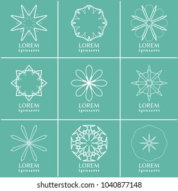 Vector set of line logo design templates. Monochrome geometric mandala ornaments in trendy linear style for luxury products, organic cosmetics packaging, business cards design