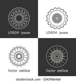 Vector set of line logo design templates. Black and white geometric mandala ornaments in trendy linear style for luxury products, organic cosmetics packaging