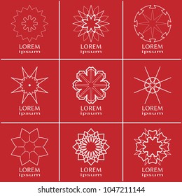 Vector set of line logo design templates. Monochrome geometric mandala ornaments in trendy linear style for luxury products, organic cosmetics packaging, business cards design