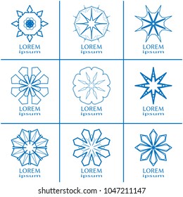 Vector set of line logo design templates. Monochrome geometric mandala ornaments in trendy linear style for luxury products, organic cosmetics packaging, business cards design