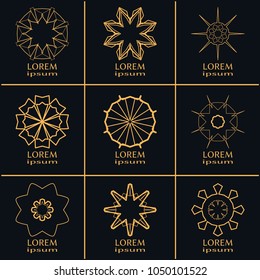 Vector set of line logo design templates. Monochrome geometric mandala ornaments in trendy linear style for luxury products, organic cosmetics packaging, business cards design