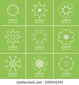 Vector set of line logo design templates. Monochrome geometric mandala ornaments in trendy linear style for luxury products, organic cosmetics packaging, business cards design