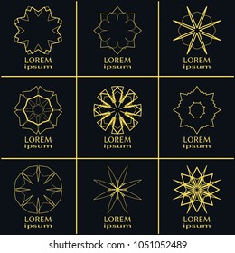 Vector set of line logo design templates. Monochrome geometric mandala ornaments in trendy linear style for luxury products, organic cosmetics packaging, business cards design