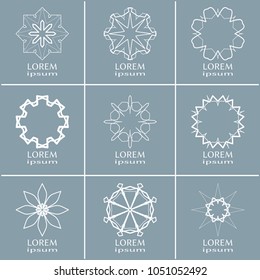 Vector set of line logo design templates. Monochrome geometric mandala ornaments in trendy linear style for luxury products, organic cosmetics packaging, business cards design
