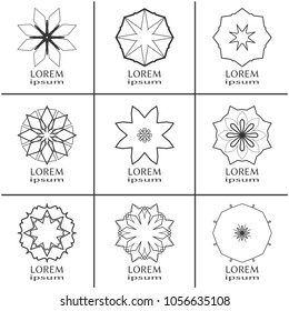 Vector set of line logo design templates. Monochrome geometric mandala ornaments in trendy linear style for luxury products, organic cosmetics packaging, business cards design
