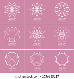 Vector set of line logo design templates. Monochrome geometric mandala ornaments in trendy linear style for luxury products, organic cosmetics packaging, business cards design