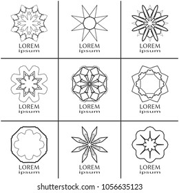 Vector set of line logo design templates. Monochrome geometric mandala ornaments in trendy linear style for luxury products, organic cosmetics packaging, business cards design