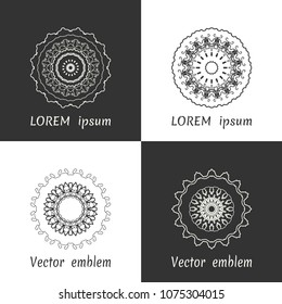 Vector set of line logo design templates. Black and white geometric mandala ornaments in trendy linear style for luxury products, organic cosmetics packaging