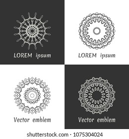 Vector set of line logo design templates. Black and white geometric mandala ornaments in trendy linear style for luxury products, organic cosmetics packaging