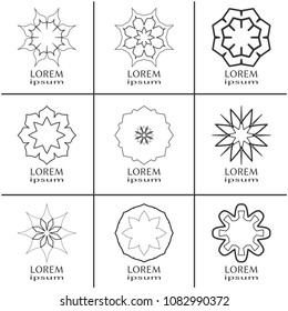 Vector set of line logo design templates. Monochrome geometric mandala ornaments in trendy linear style for luxury products, organic cosmetics packaging, business cards design