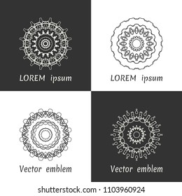 Vector set of line logo design templates. Black and white geometric mandala ornaments in trendy linear style for luxury products, organic cosmetics packaging