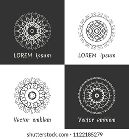 Vector set of line logo design templates. Black and white geometric mandala ornaments in trendy linear style for luxury products, organic cosmetics packaging